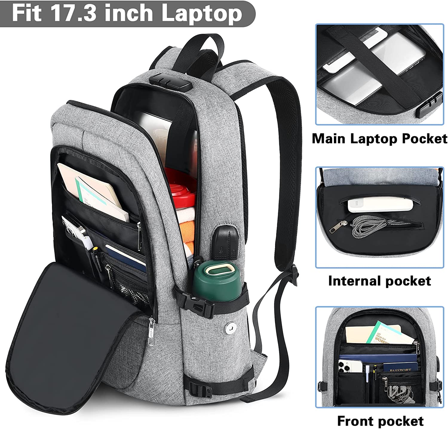 AMBOR Travel Laptop Backpack,17.3 inch Anti Theft Business Laptop Backpack with USB Charging Port and Headphone Interface, College School Backpack for Men & Women,Black - Image 3